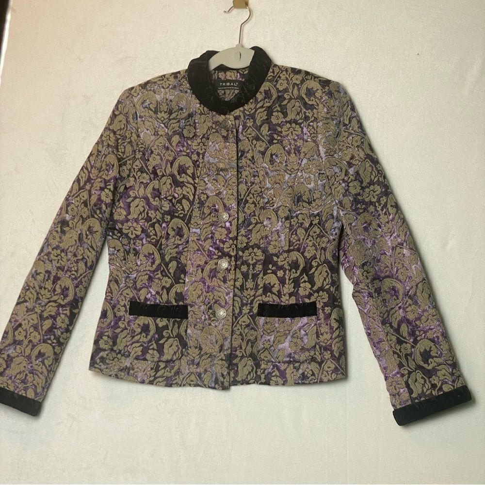 Tribal Tapestry Gold/Purple Tone Blazer W/Velvet Trim Size 4